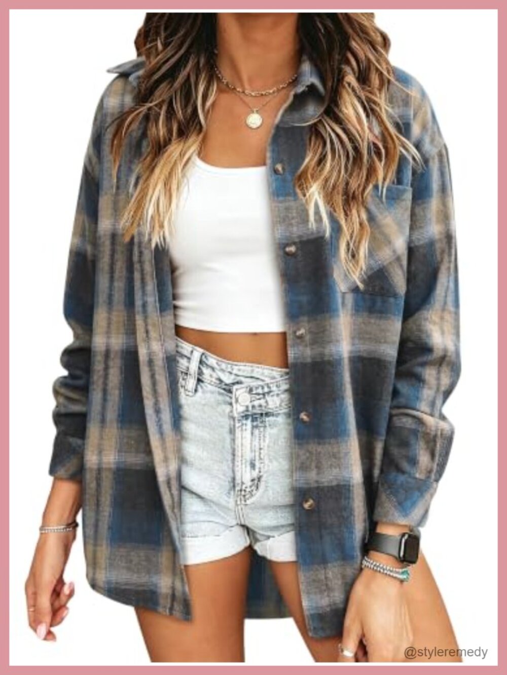 Plaid Flannel Button-Down Shirt Long Sleeve Relaxed Fit Casual Top